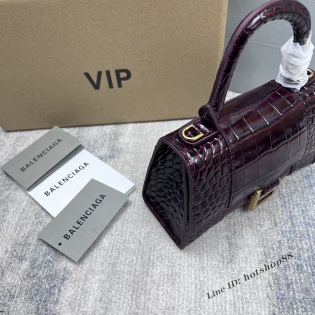 Balenciaga專櫃爆款鱷魚紋酒紅色Hourglass沙漏包 巴黎世家頂級原單手提肩背包 fyj1202